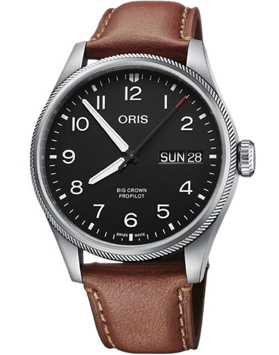 Oris Oris Propilot Big Crown Propilot Big Day Date 01 752 7760 4164-07 5 22 07LC  01 752 7760 4164-07 5 22 07LC механические мужские часы черный циферблат, браслет кожаный — вид спереди